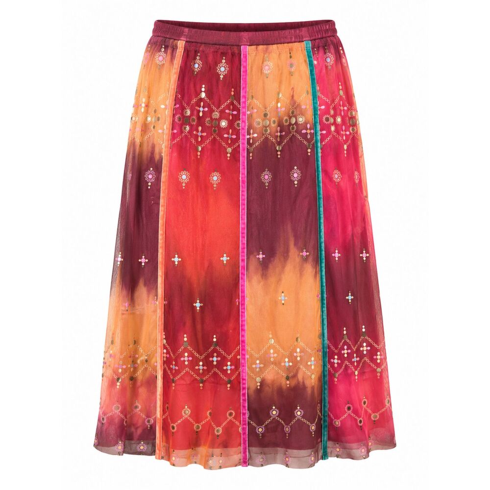 West End Boho Mesh Midi Skirt Multicolor Tie Dye Embroidered Women's L